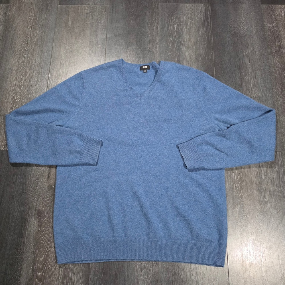 Uniqlo 100% Cashmere V-Neck Sweater Mens XL Blue Heather Knit Preppy 351-419200